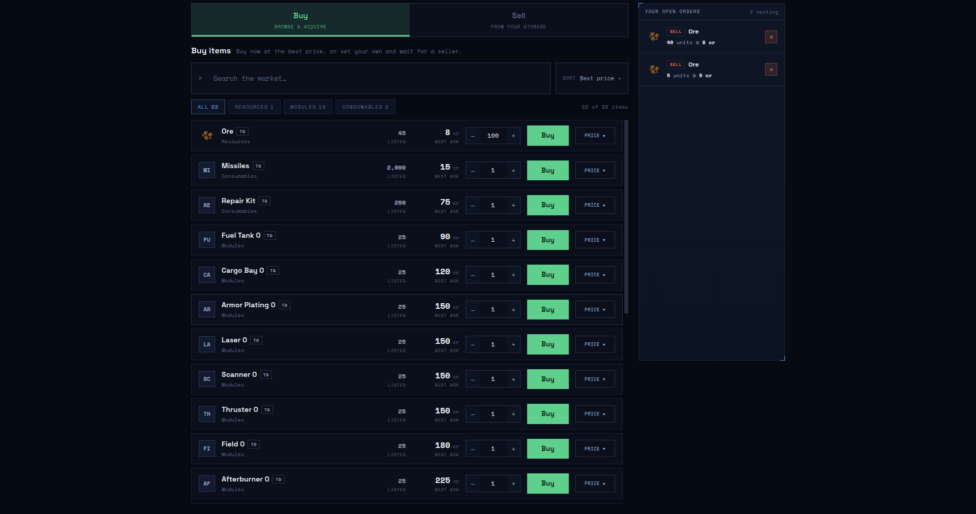 The player market buy screen with a live order book